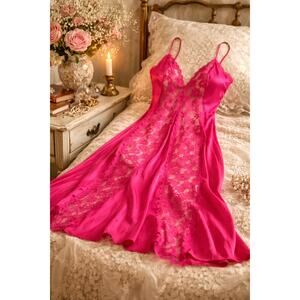 70s Vintage Val Mode Raspberry Pink Lace Nightgown Maxi Lingerie Open Back - M